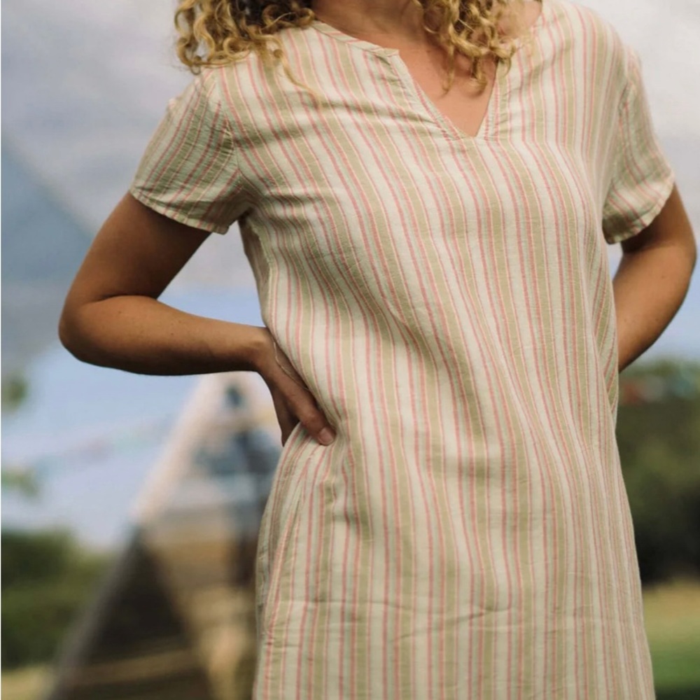 Striped Short-Sleeve V-Neck Womens Dress in Cream and Pink